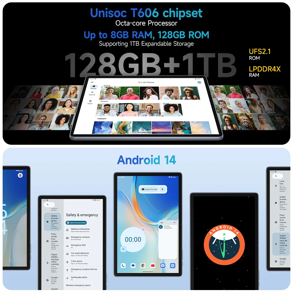Ulefone Tab W10 Tablet 10.1‘’ HD+ Display 8GB RAM 128GB ROM 6600mAh Unisoc T606 Android 14 Tablet 4