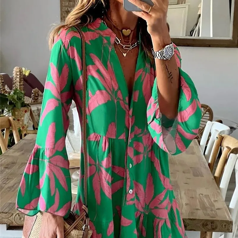 

Women Button Print Loose Beach sundress Fashion Flared Sleeve Pleated Midi Party Dress Summer Casual Street Pullover Vestido