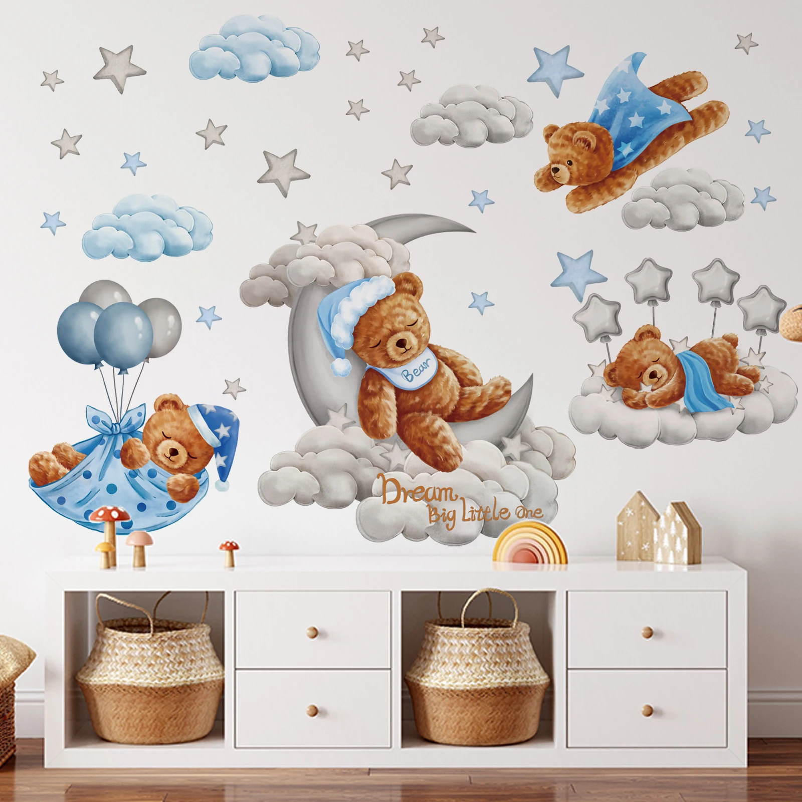 Tedy Bear Moon Stars Wall Stickers Wall Decals Nursery Decor for Kids Baby Boy Room Bedroom Living Room Playroom Decorations wall stickers,wall sticker