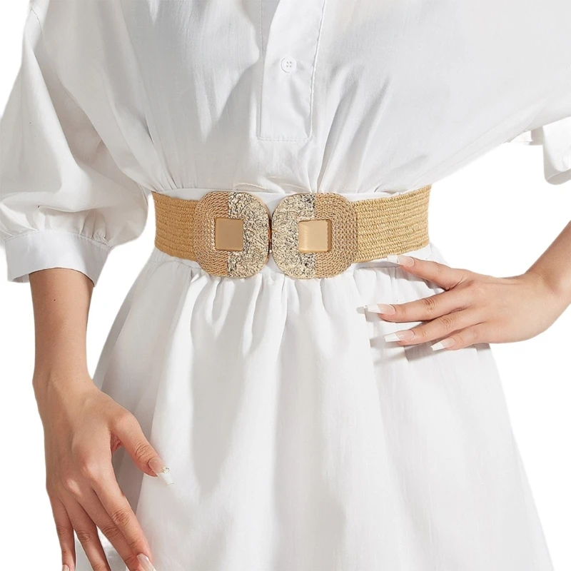 

Delicate Bohemian Straw Belt Gold Buckle Braided Belt for Lady Dress Skirt