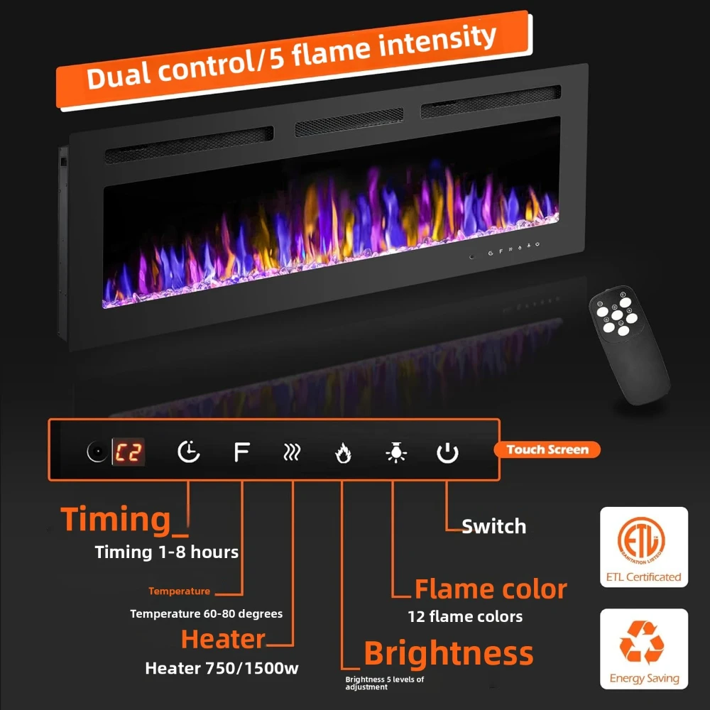 Electric Fireplace Wall Recessed Mounted LED Decorative Fireplace Wood Insert 60inch/152cm Fire Place Heater for RV Home Hotel