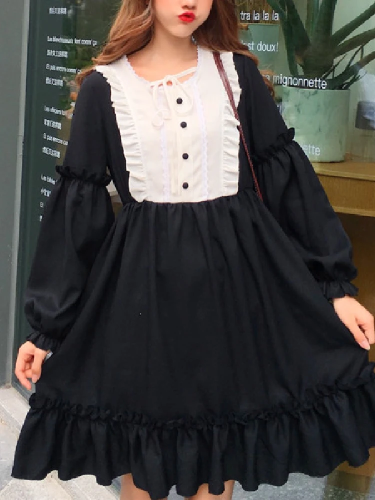 

Sweet Lolita Style Women'S Dresses Square Collar High Waist Slimming Contrast-Color Ruffled Sweet Lolita Dresses Kawaii Clothing