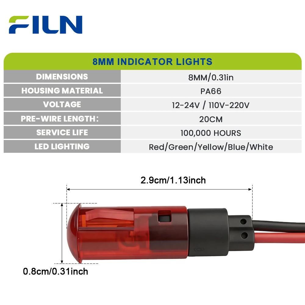 FILN 3PCS 8mm IP67 방수 LED 표시등 12V-24V 사전 배선 마운트 상태 표시등 (자동차, 보트, 산업 제어, 대시보드용)