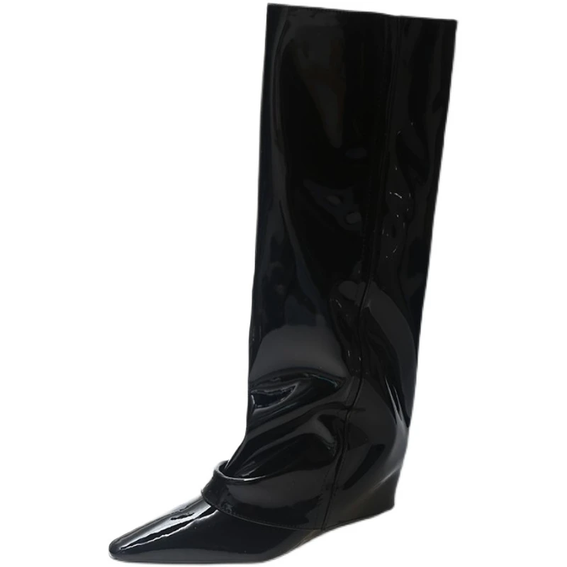 

Women's Black Color Glossy Over Knee Boots Patent Leather Wedge Heel Pointed Toe Shoes