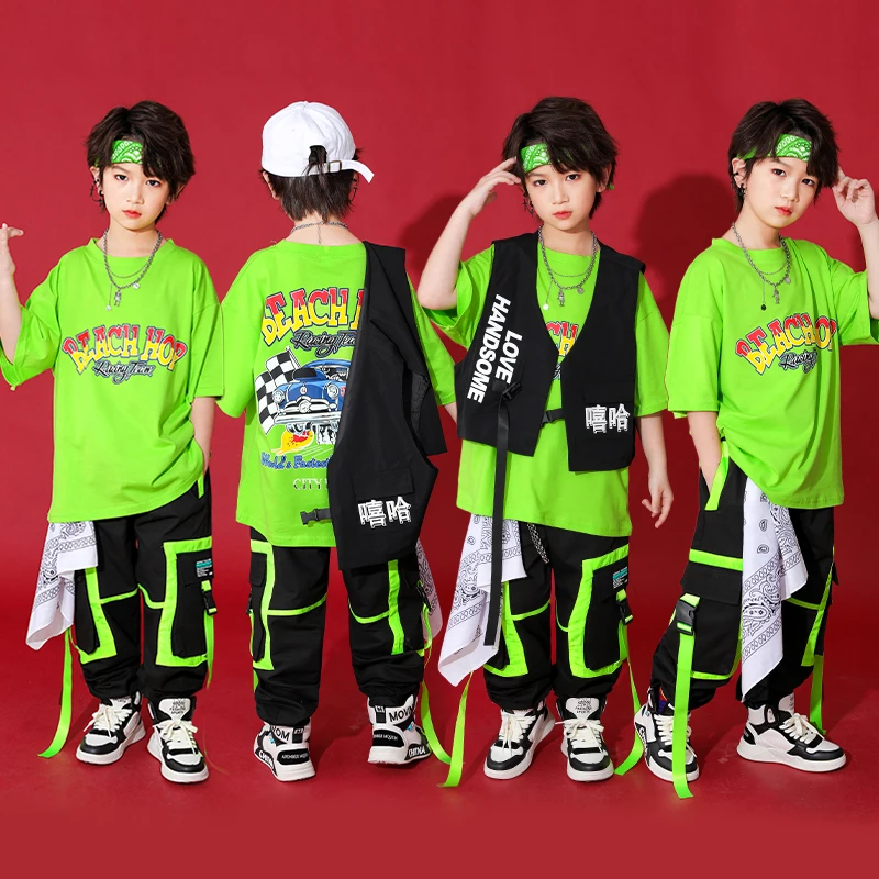 

Детская уличная танцевальная одежда, костюмы для джазовых танцев, зеленая футболка с коротким рукавом, топы, брюки-карго, жилет, одежда для выступлений на сцене в стиле хип-хоп