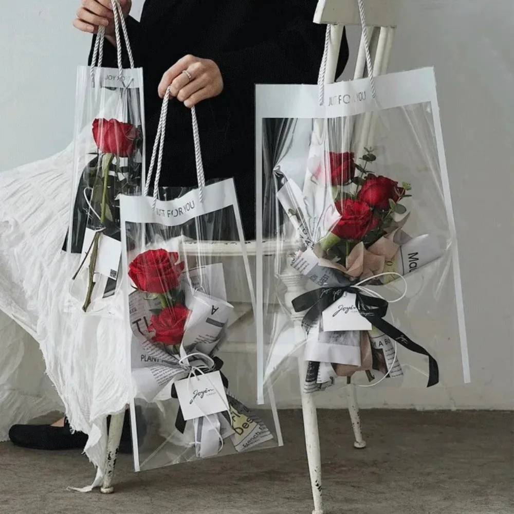 10 Stück Neue Transparente Blumenstrauß-Geschenktüten mit Griff Dekorative Blumenverpackungsbeutel Partyzubehör Blumen-Einwickeltaschen – Detail 3