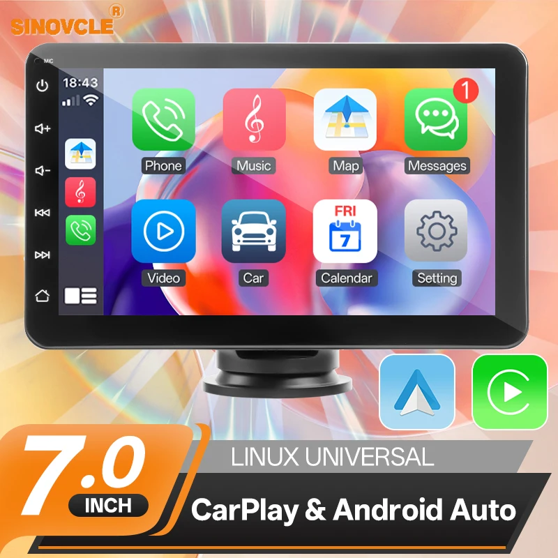 SINOVCLE 7" Portable Wireless Carplay Android Auto Car Radio Multimedia Player IPS Touch Screen AUX USB Bluetooth Mirror Link Sebd167b40bc142a38174758adf8633487
