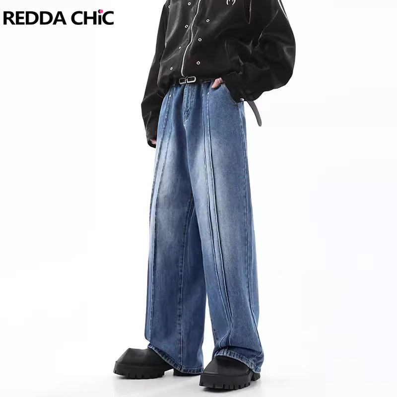 

Потертые мешковатые джинсы REDDACHIC Pintuck для мужчин, винтажные отбеленные широкие брюки Cleanfit, мужские брюки, Корейская уличная одежда