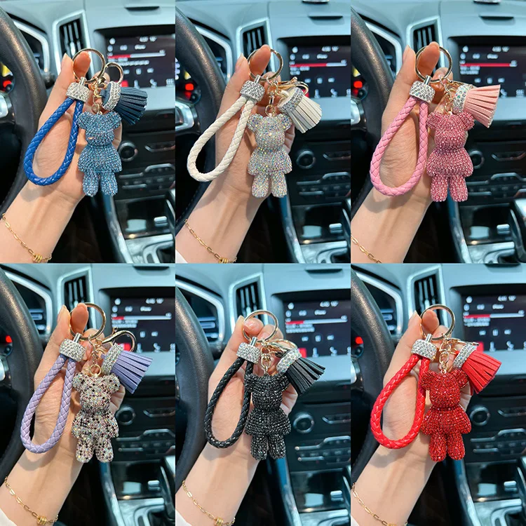맞춤형 다이아몬드 스터드 작은 폭력적인 곰 키 체인, 귀여운 다이내믹 로프, 태슬 자동차 키 체인, 절묘한 선물 펜던트