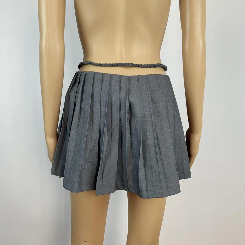 Korean Low Waist Bandage Mini Skirt E Girl 00s Retro Preppy Kawaii Zip Up Pleated Skirt Cute Bottom Y2K Fairy Grunge Streetwear