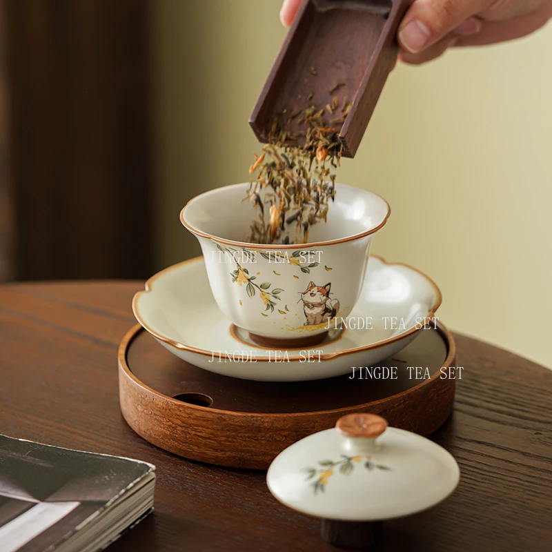 Ceramic Beige Ru Kiln Three Piece Lid Bowl Single Anti Scald with Lid Tea Making Bowl Tea Cups Gaiwan Set Gaiwan for Tea