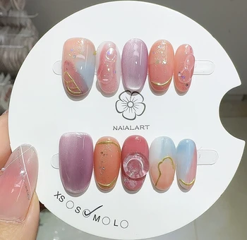 10PCS Color Blending Short Oval Handmade Press on Nail Full Cover Irregular Pattern Gradient Fake Nail Acrylic Wearable Nail Art