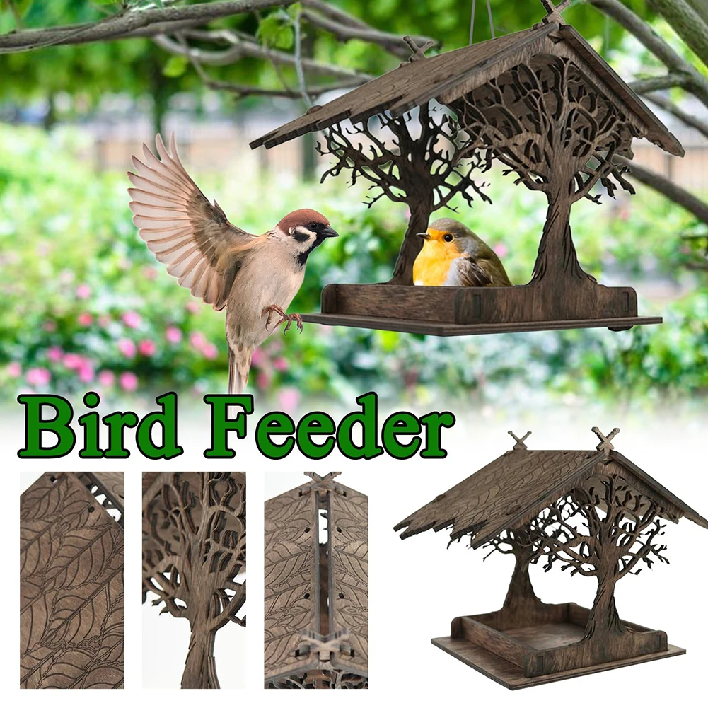 Vintage Wooden Bird Feeder Hummingbird Nest Outdoor Garden Birdhouse Tree Branches Carving Hang Birds Food Container