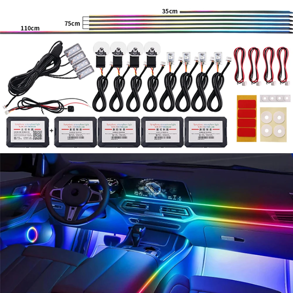 Luz ambiental para coche 18 en 1, 64 colores RGB, decoración interior, tira de luz LED acrílica, lámpara de ambiente con control por aplicación.
