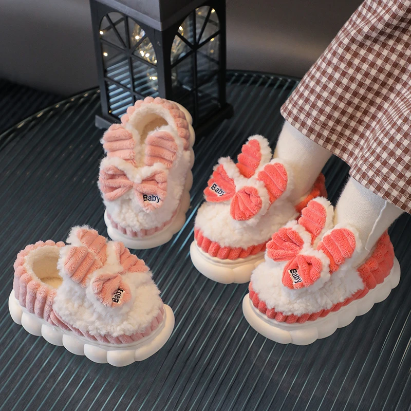 

2023 Children New Girls Slippers Wrap Ankle Cute Bunny Color Matching Soft Winter Warm Kids Fashion Parent-child Shoes Bow Plush
