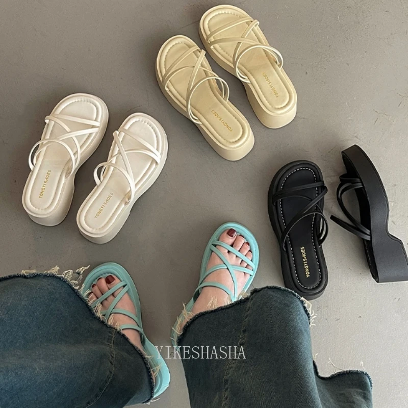 

Summer Women Slipper Fashion Comfort Narrow Band Platform Wedges Heel Slides Ladies Outdoor Beach Sandal Shoes Platform Sandals