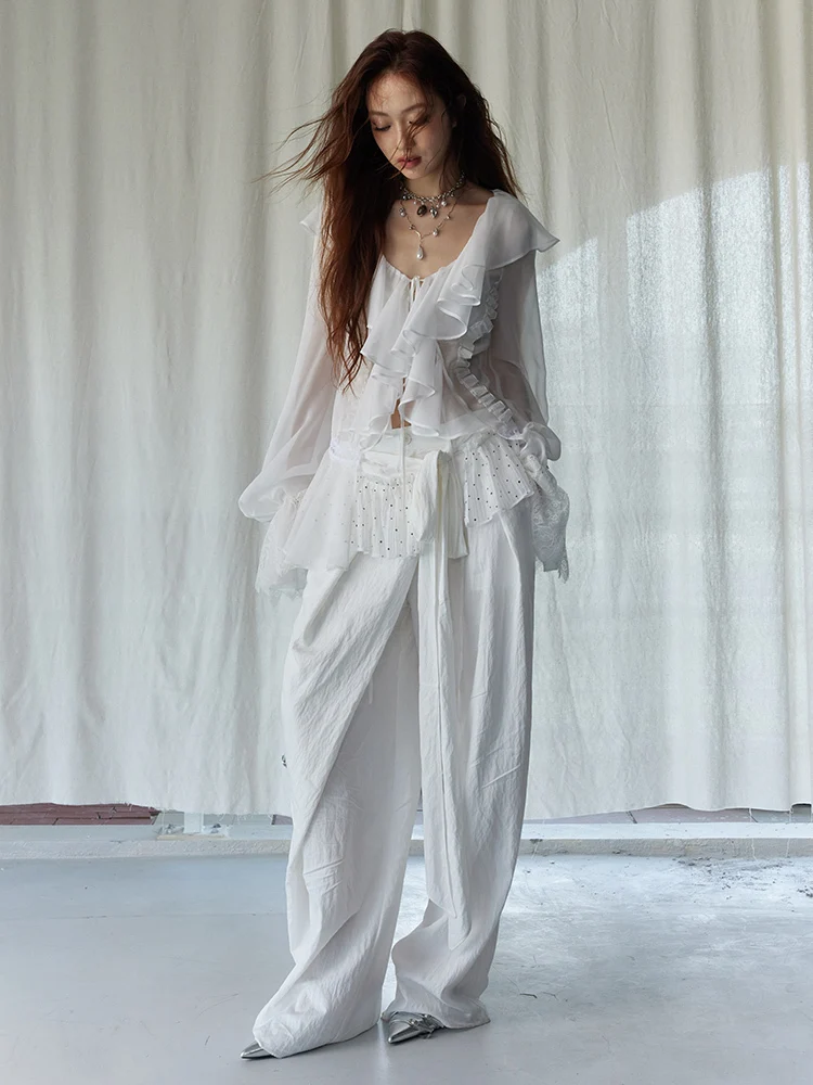 [EAM] High Elastic Waist Gray Ruffles Irregular Bandage Wide Leg Pants New Trousers Women Fashion Tide Spring Autumn 2026 1DJ281