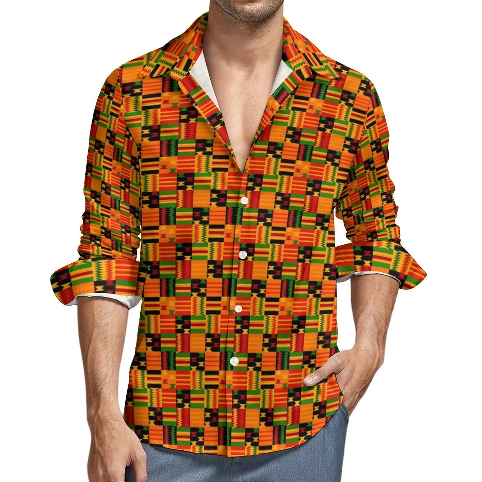

Tribal Print Stylish Casual Shirt Men Afro Pop Kente Style Shirt Spring Fashion Blouses Long Sleeve Graphic Oversized Clothes