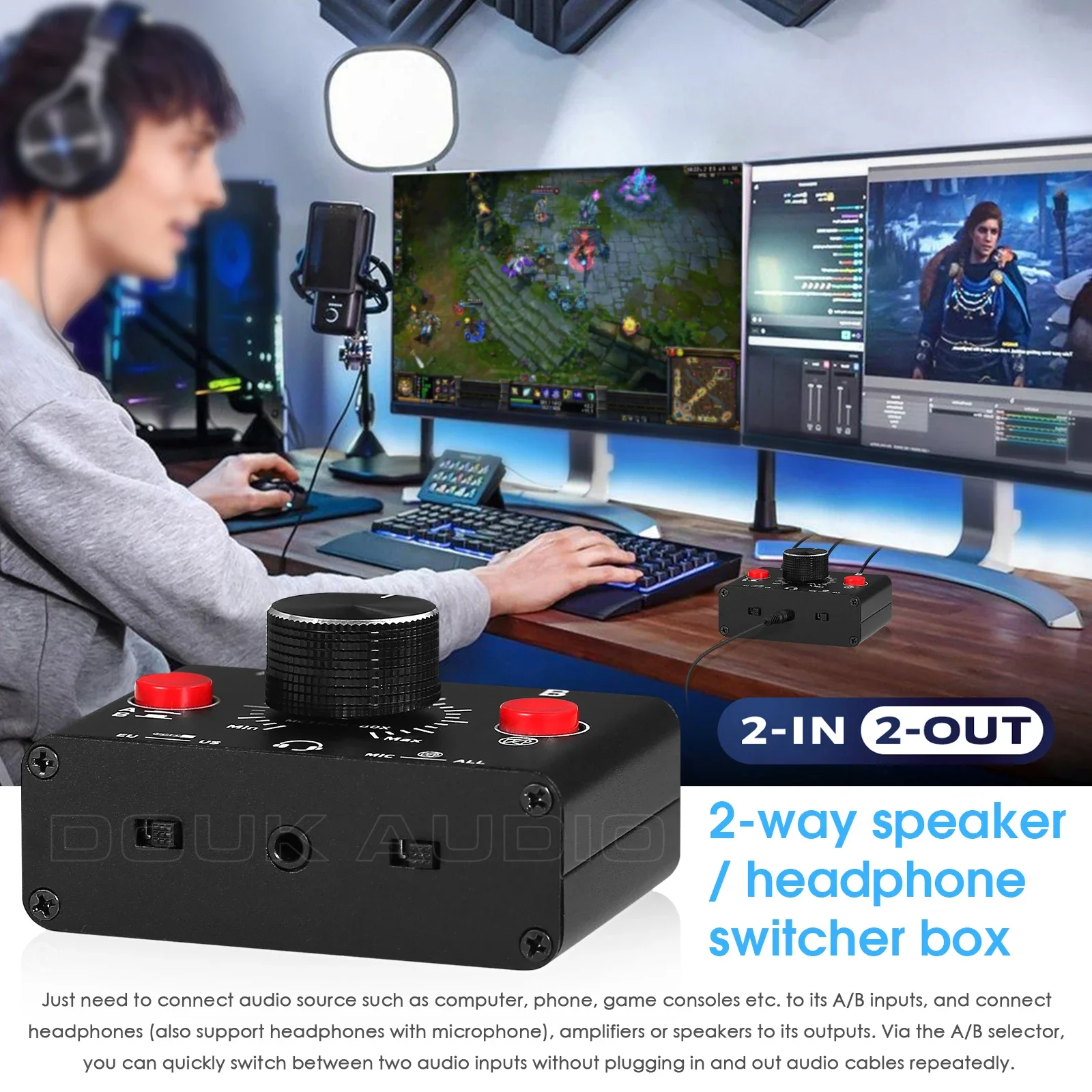 Nobsound Manual 2-Way Stereo Audio Selector 3.5mm AUX Speaker / Headphone Switcher Box Mini A / B Microphone Splitter view 3