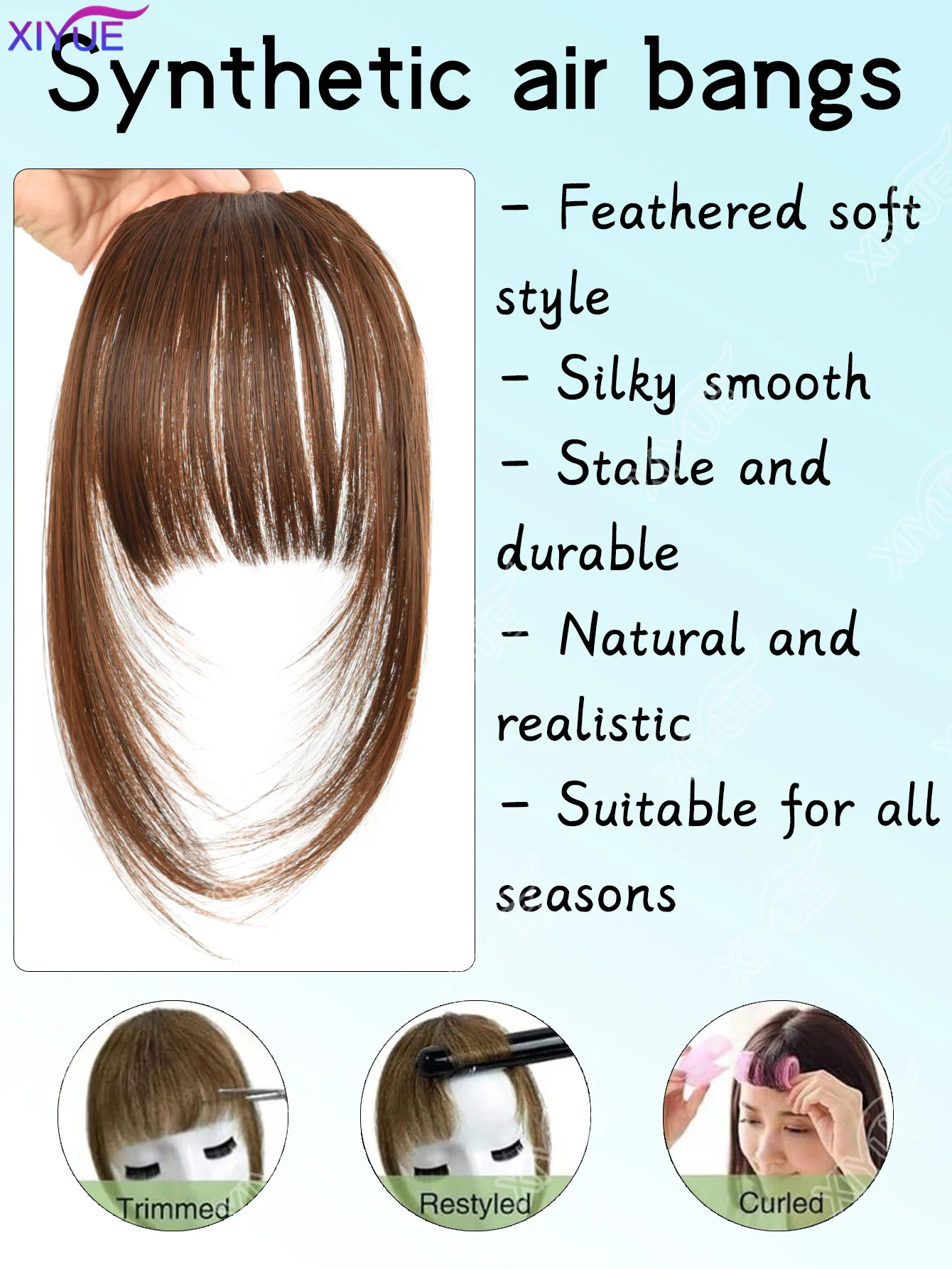 XIYUE Straight Blunt Bangs Synthetic Natural Brown Black False Fringe Clip In Front Hair With Fringe with Temples Daily Wear