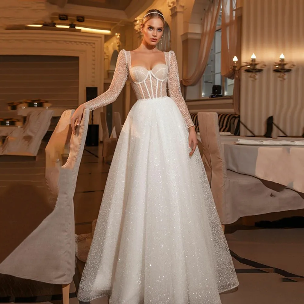 

New Ivory Square Neck Long Sleeve Glitter Tulle Boho Bride Gown 2023 Shiny Sweetheart Princess Long Trailing Formal Evening Gown
