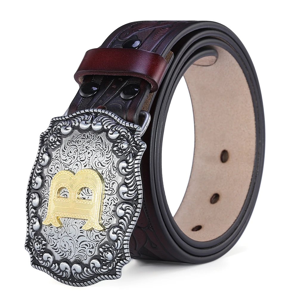 Western Belt Men Genuine Leather Belts for Men Women Cowboy Cowgirl Big Letters Buckle Gold Male Belts Long Black Brown Quality