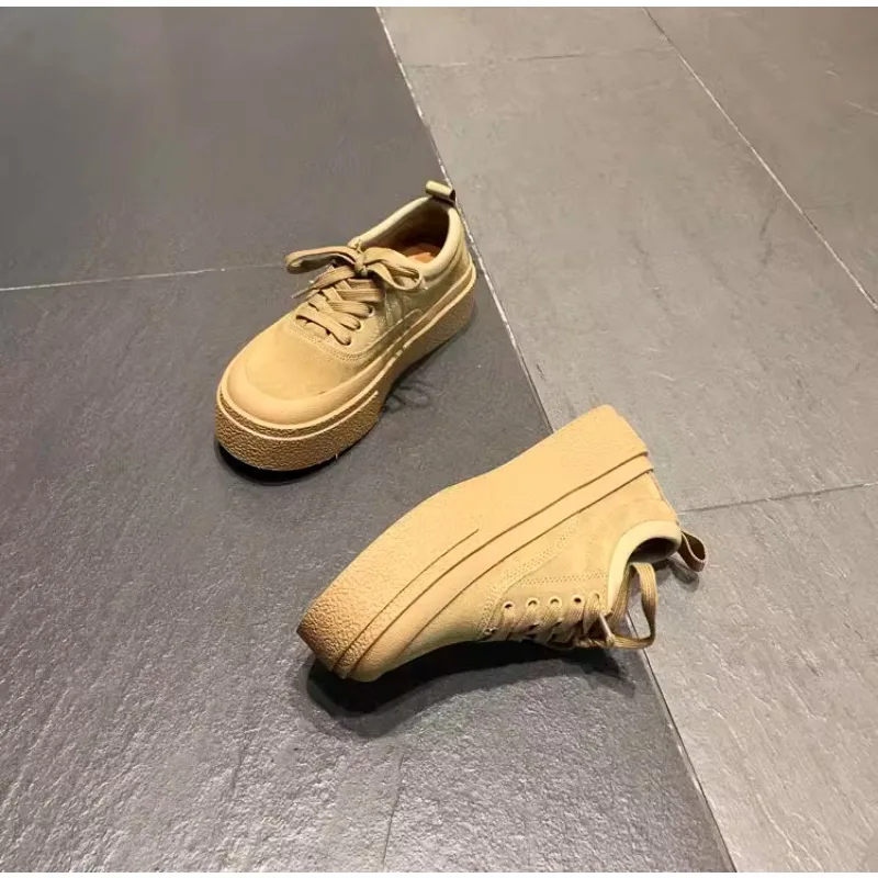 Retro frosted leather thick soled casual board shoes, women's round toe lace up genuine leather sports shoes, flat shoes