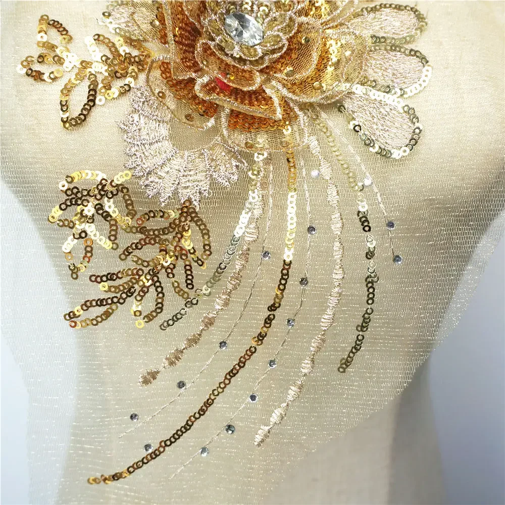 Description Picture 5 of itemGold Silver Sequined 3D Flower Tassel Appliques Embroidered Lace Mesh Rhinestone Sew On Patches For Wedding Dress DIY Decoration