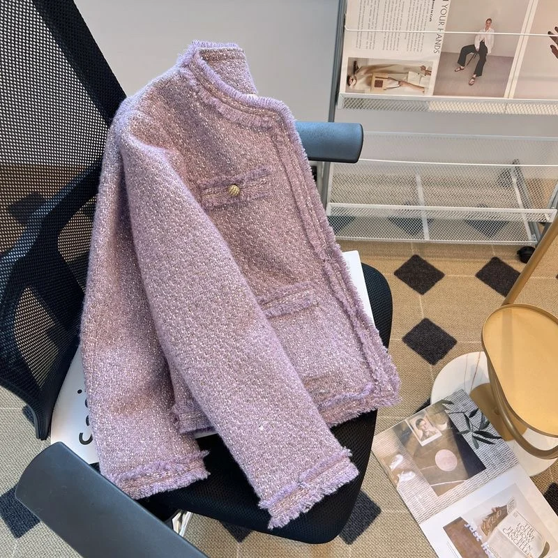 

New Vintage Tweed Purple Jacket Women Elegant Long Sleeve Single Breasted Elegant Woolen Coat Korean Fashion Outwear Fall Winter