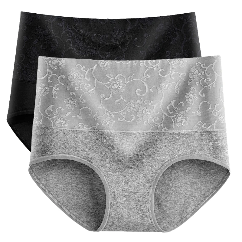 2Pcs Plus Size Women's Cotton Underwear High Waisted Tummy Control Panties Full Coverage Briefs Jacquard Ladies Panty