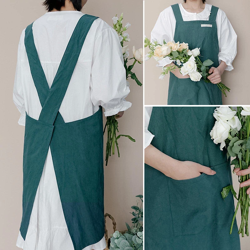 Pincy Zacht katoenen linnen schort - Retro artistiek linnen schort, casual verstelbaar schort met handdoek, ideaal voor bloemist, koffie en keuken, asblauw, één maat
