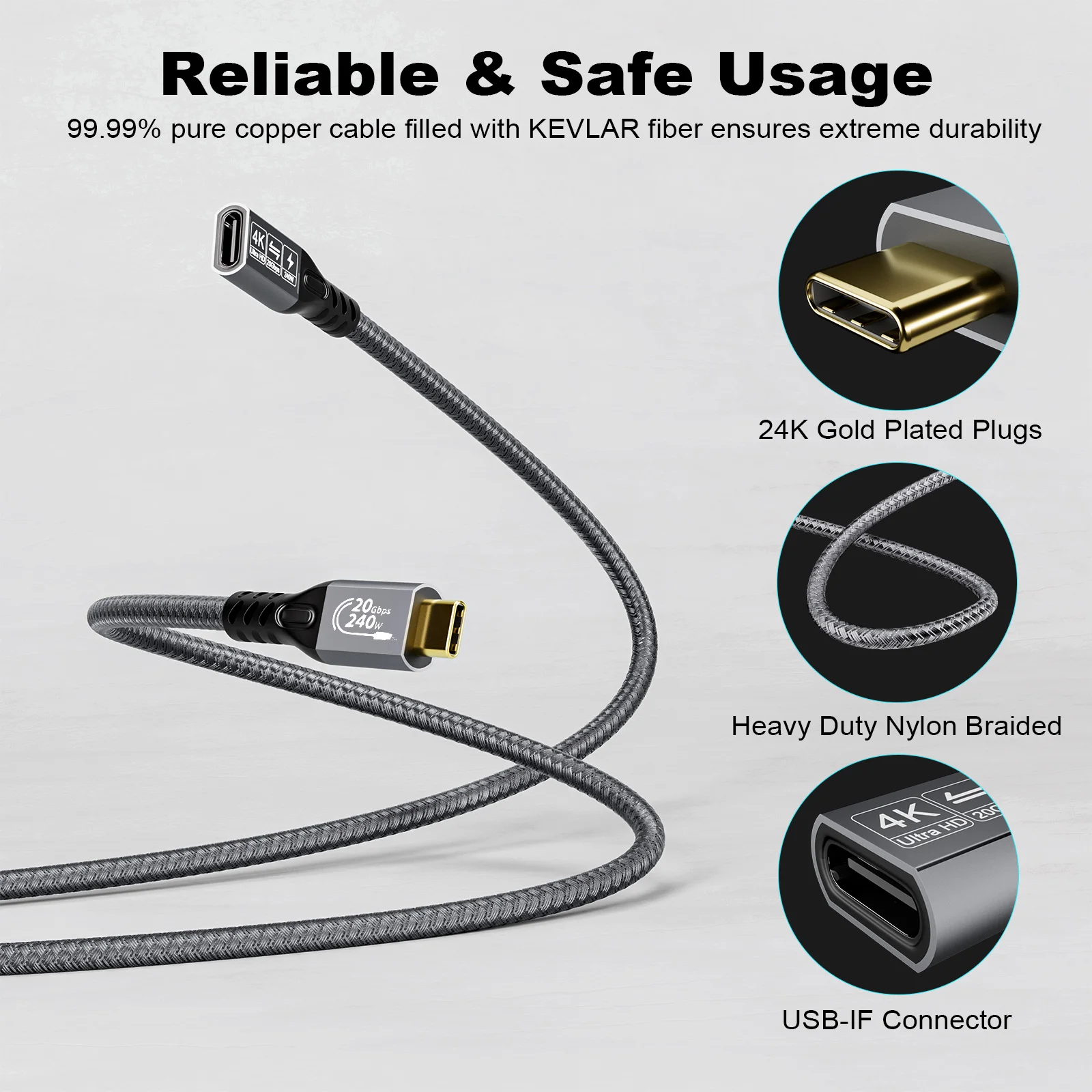 Удлинительный кабель USB C 3,2, 20 Гбит/с, USBC 3,2 Gen2 Type-c «Папа-мама», кабель-удлинитель Ultra HD 4K @ 60 Гц 240 Вт, зарядка 20 Гбит/с