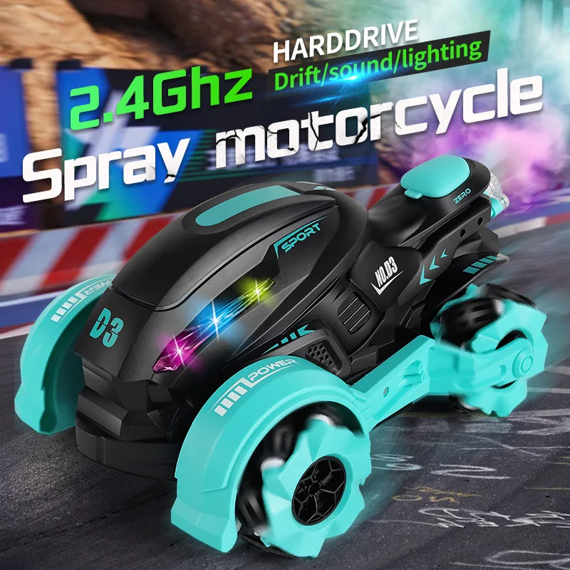 

Stunt Motorcycle Spray Music Light RC Car 2.4G Drift Spinning High Speed Sideways Offroad Remote Control Cars Boy Favorite Gift