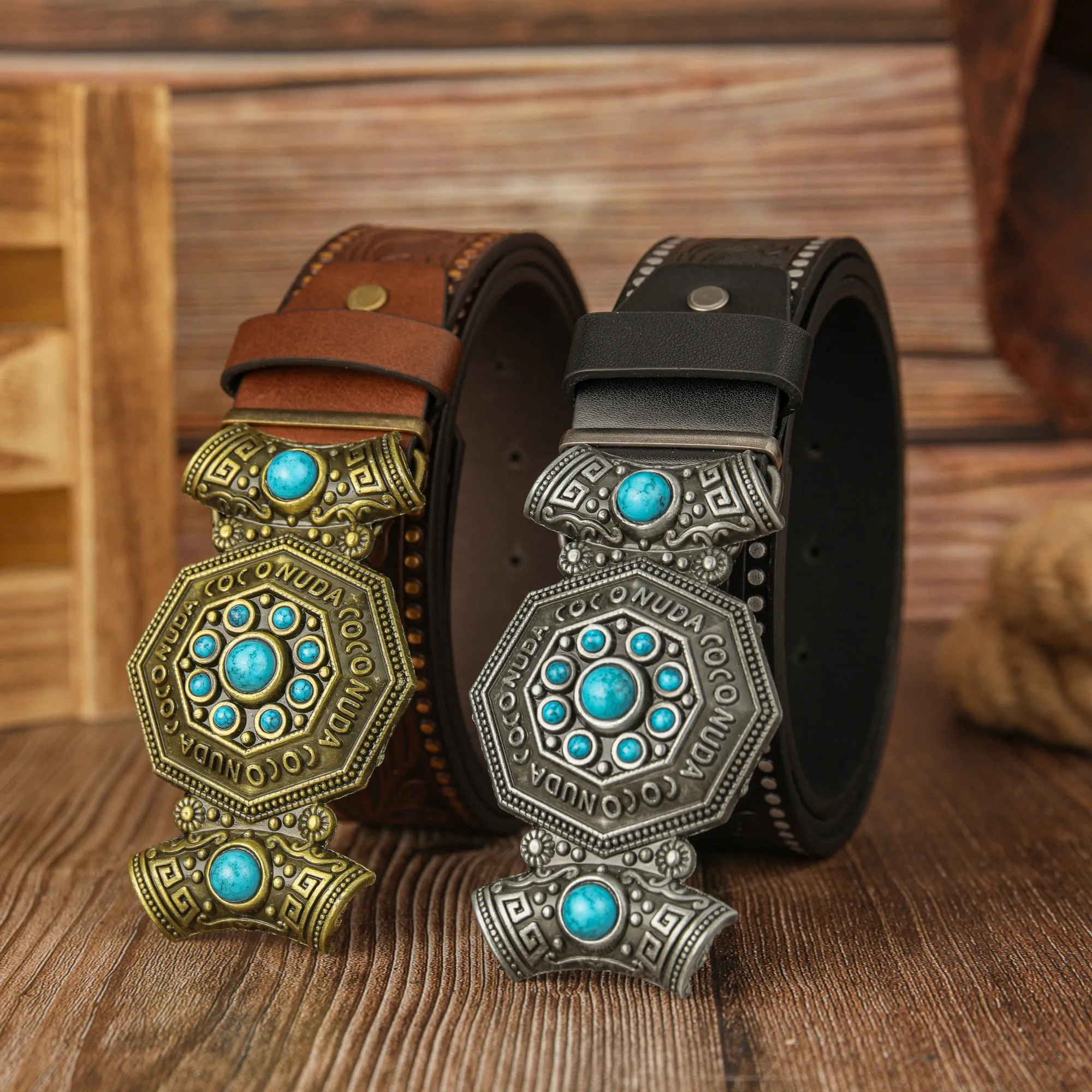 Blaue türkisfarbene Schnalle aus Zinklegierung mit Bonbon-Zinklegierung, handbemalter PU-Gürtel mit Phönix-Schwanzmuster im Retro-Stil und individuellem Phönix-Schwanzmuster, Unisex-Gürtel