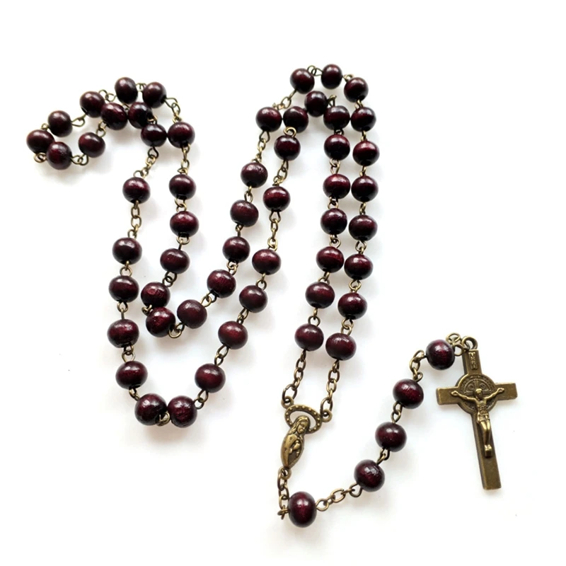 Rufous Colored Wooden Beads Rosary Necklaces with Jesus for Cross catholic rosary necklace wood cross