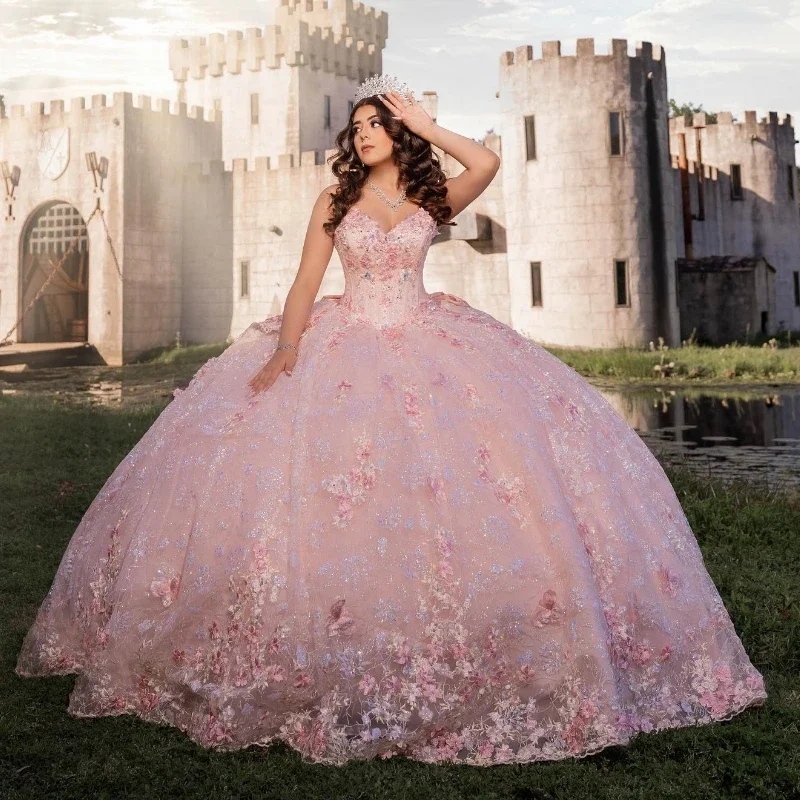 ANGELSBRIDEP Pink Shiny Quinceanera Dressess Applique Lace Beads Tull Corset Prom Sweet 16 vestido 15 quincea&ntilde;eras Customized