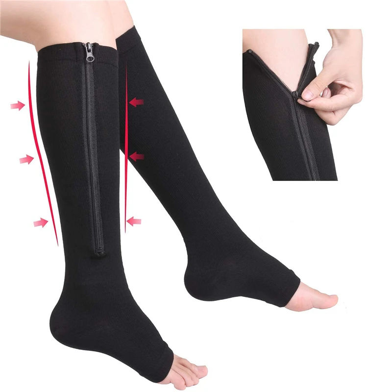 Meias de compressão dedo do pé aberto joelho-alta médica zíper meias de compressão circulação sanguínea promoção meias de compressão de emagrecimento