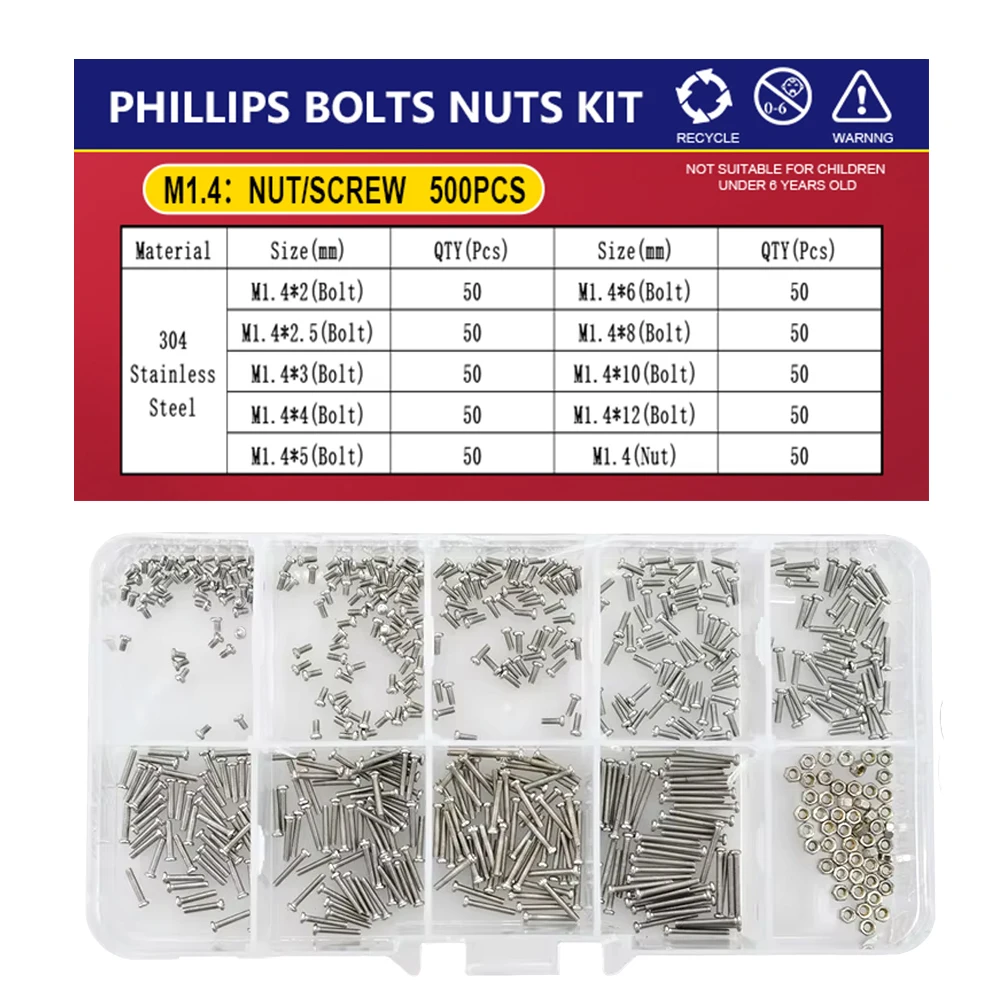 Stainless Steel Screws Screw Bolt Nut Set Screw Washer Nut Kit Small Screws Stainless Steel Glasses Watch Screw Nuts Set Phillips Cross Round Head Motherboard PCB Bolts Kit M1 M1.2 M1.4 M1.6