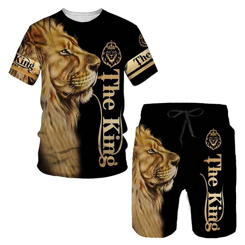 Men's Short Sleeve T-Shirt +Shorts Two Piece Suit Funny Lion Print Tops Fashion Hip Hop Harajuku Summer Children Oversized Sets aa 2020 summer infant baby girl sunflower clothes short sleeve tops t shirt shorts pants set outfits two piece sets 0 5 years