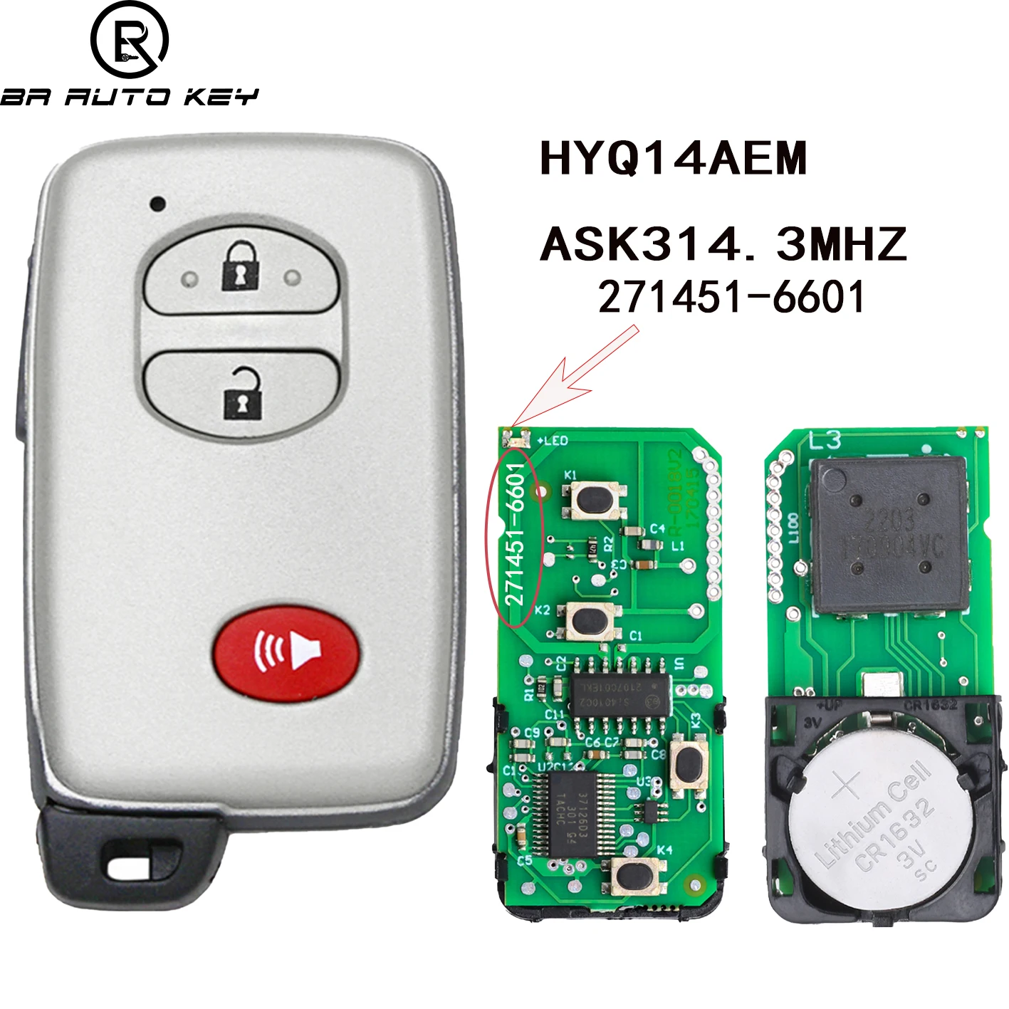 Aftermarket 3Buttons Smart Remote Car Key Fob for Toyota Land Cruiser LC200 2009-2015 P/N:89904-60771 FCC:HYQ14AEM ASK 314.3Mhz