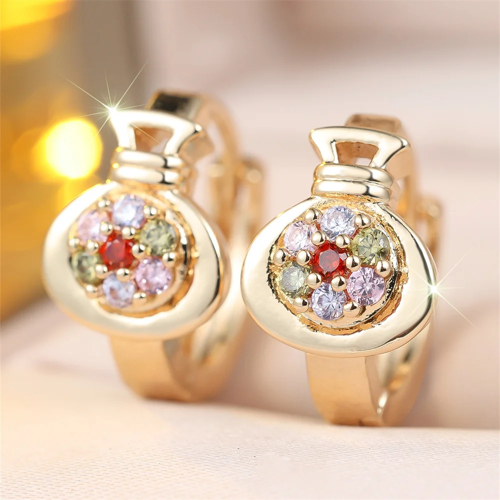 Multicolor Zircon Rainbow Crystal Flower Round Hoop Earrings For Women Vintage Gold Silver Color Ear Buckle Wedding Jewelry Gift