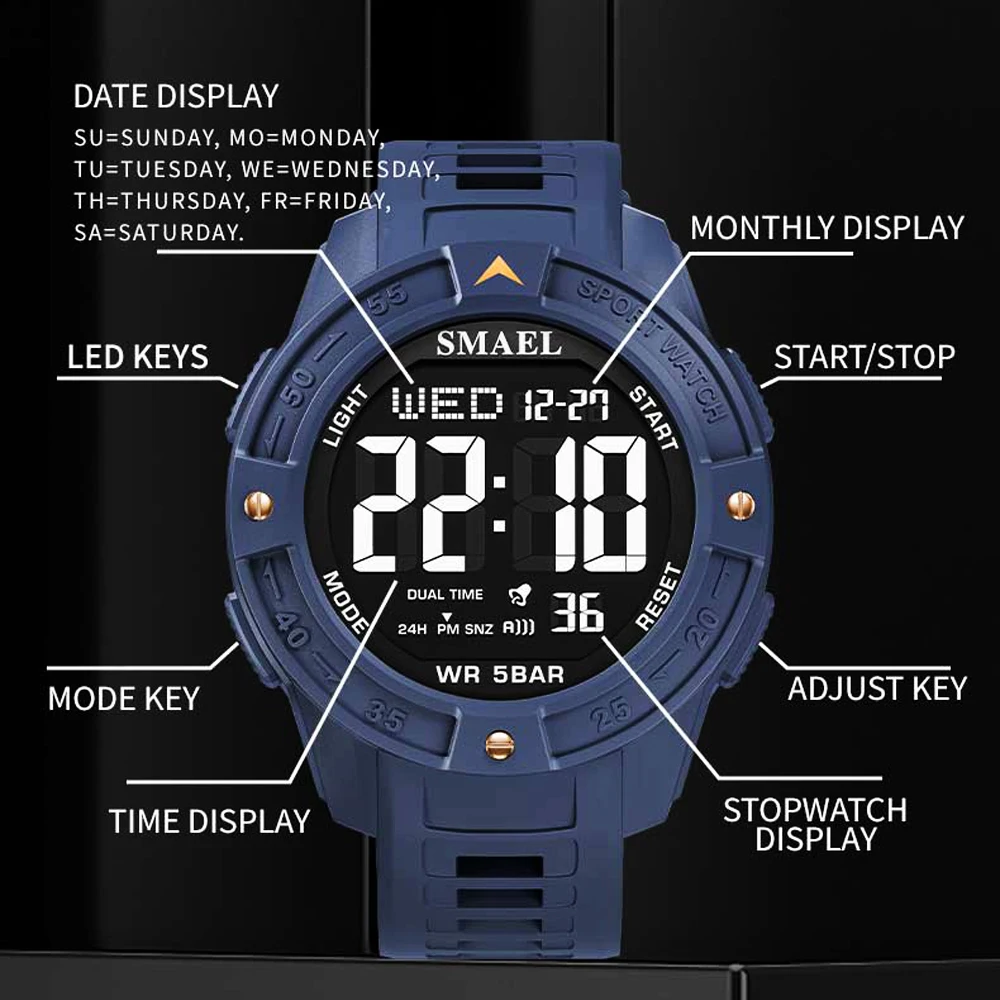 Smael Military Lcd Digital Watch For Men Waterproof Shockproof Mens Sports Wristwatch Led Display Electronic Watch Reloj Hombre, Alina Gadgets