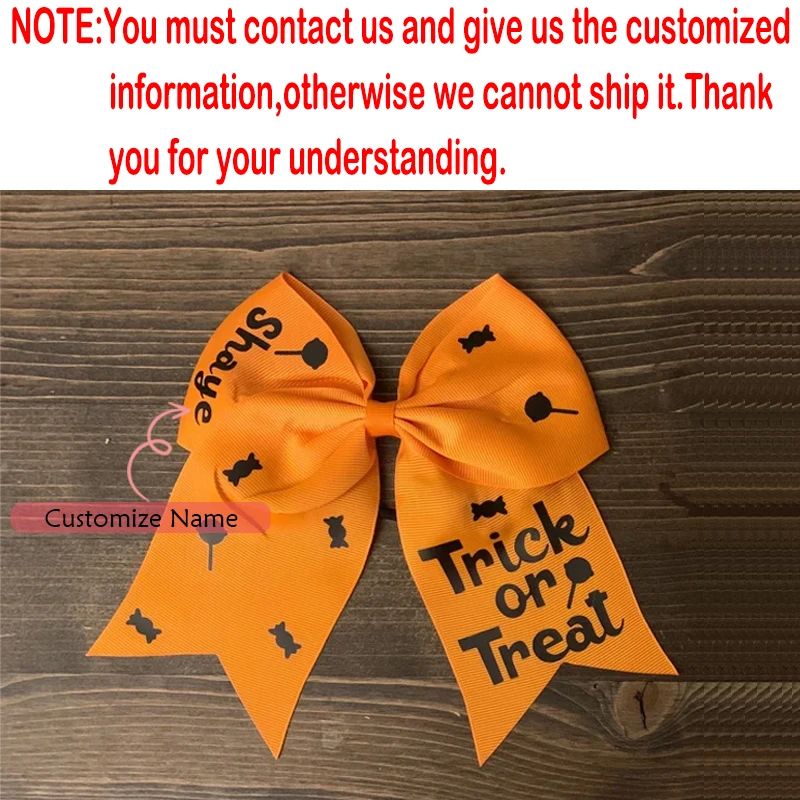 Personalisierte Name Halloween Orange Haarschleife Benutzerdefinierte Süßes oder Saures Haargummi Schleife für Mädchen Festliche Haarschmuck Party Dekorieren – Detail 2
