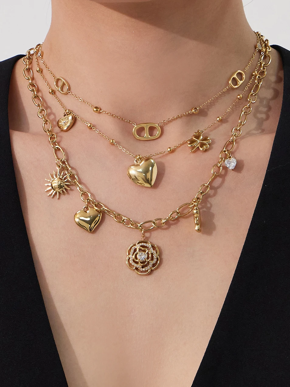 Trendige Blumen-Herz-Halskette mit Zirkonia-Anhänger für Damen, Doppelgliederkette aus Edelstahl, modischer Schmuck, Geschenkidee