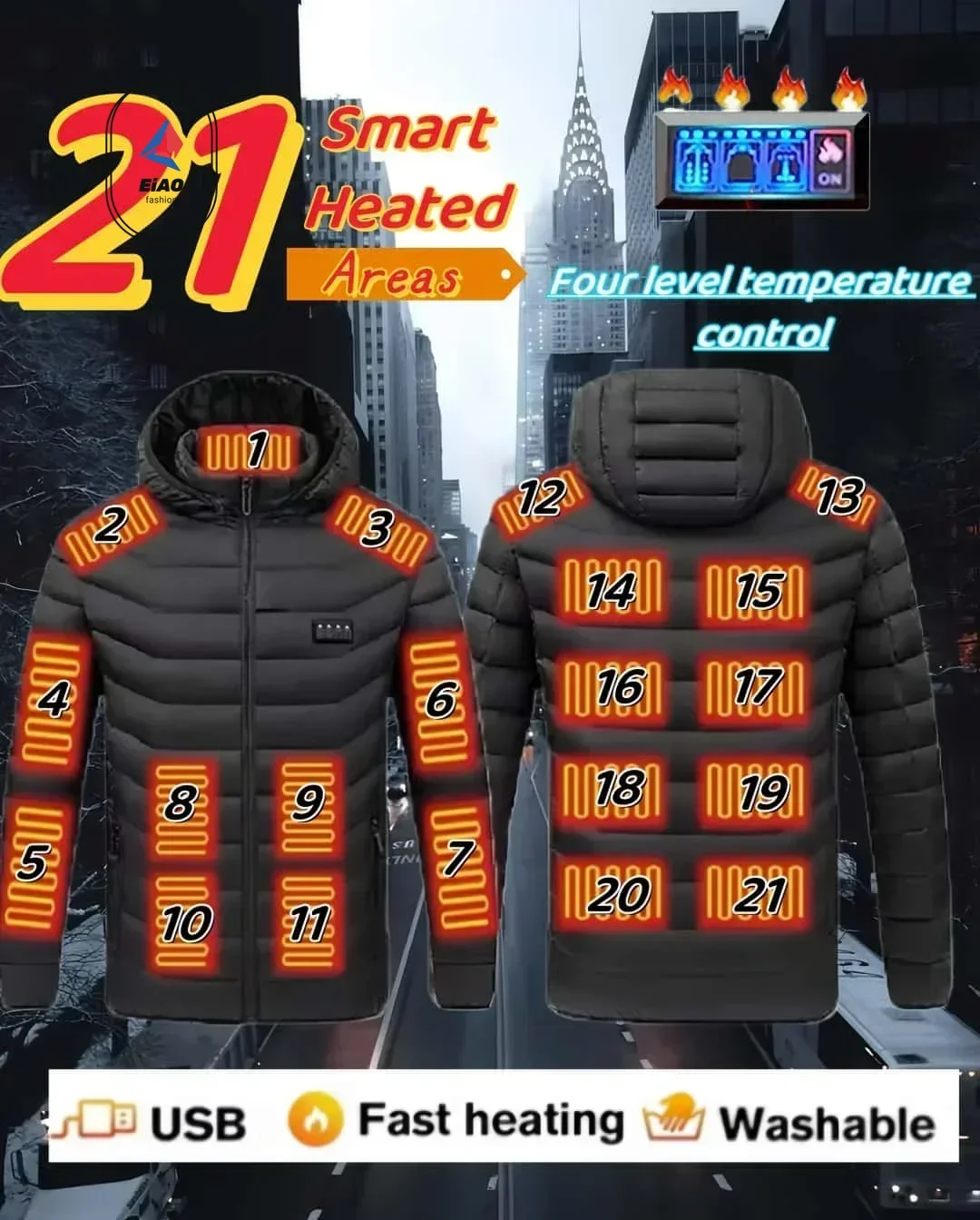 COMXZ Heating Clothing Multi Zone Intelligent Heating 4-speed Temperature Control Warm Top Coat Outdoor 21 Zone Heating Jacket