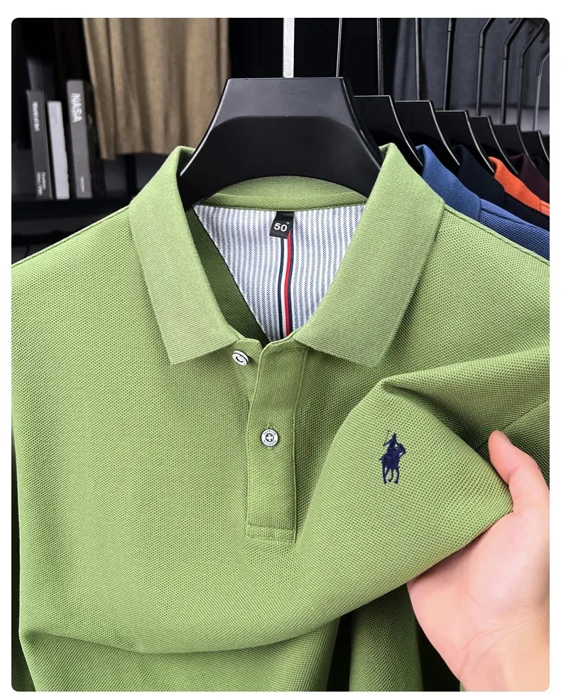 100% reine Baumwolle Luxus Herren Langarm-Poloshirt Designer-Marke Paul mit Pony-Stickerei Weicher Komfort Frühling Herbst Casual T-Shirt – Detail 26