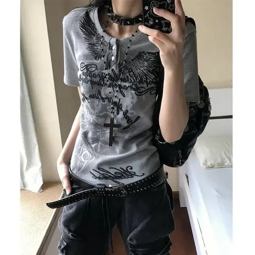 HOUZHOU Harajuku Gothic Print T-shirt Women Vintage Japanese Style Gray Graphic T-shirts Grunge Y2k Punk Slim Short Sleeve Tees - Image 3
