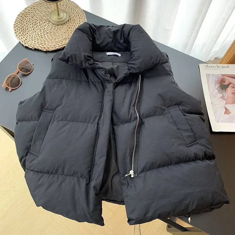 Women Fashion Autumn New 2023 Stand Collar Elegant Down Coats Warm Outerwear Casual Belt Sleeveless Winter Women Vests Jackets