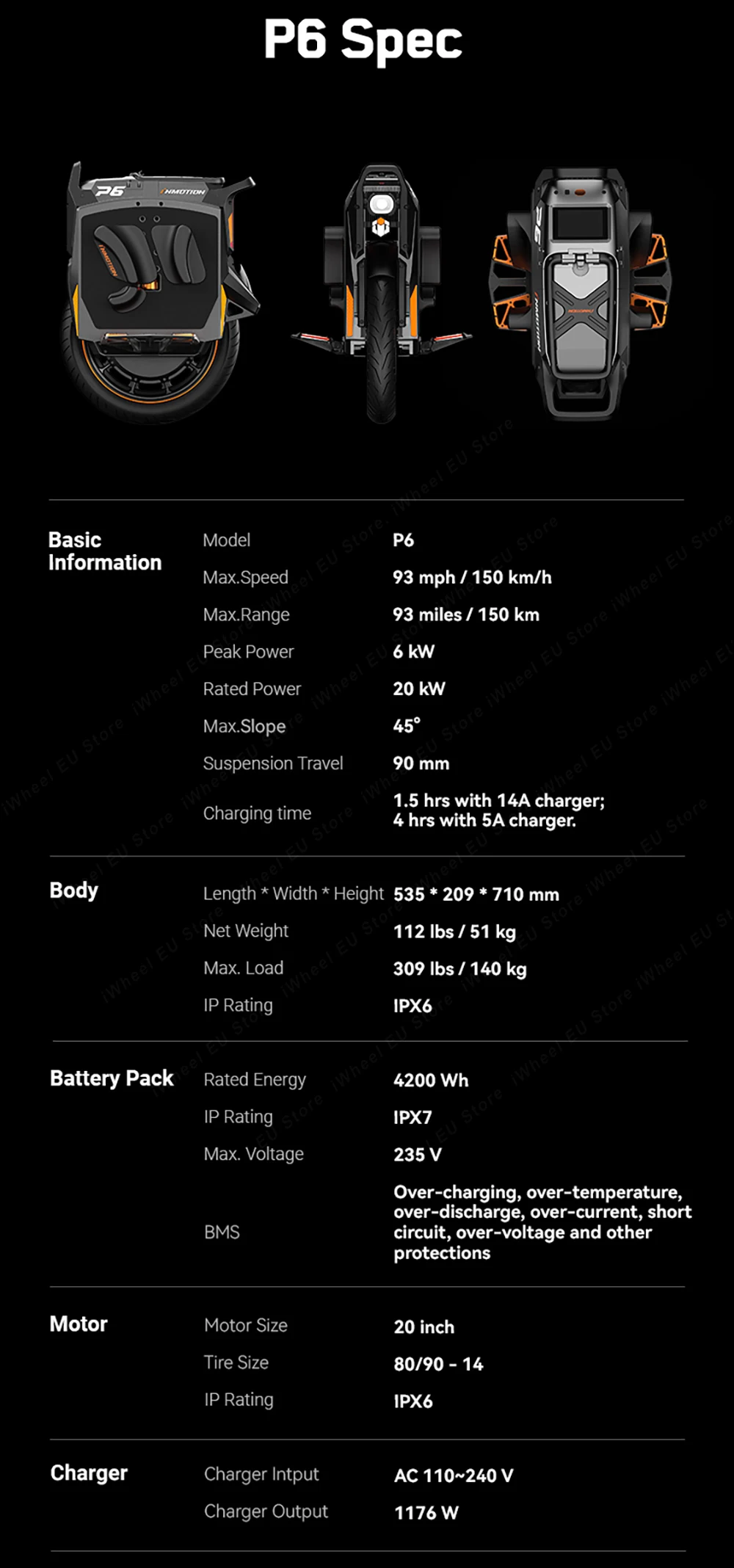 Das neueste Inmotion P6 Elektro-Einrad aus der EU, 235,2V Akku, 4200Wh Kapazität, 6000W Motorleistung, 20 Zoll, offizielles INMOTION P6 EUC IP56. – Detail 23