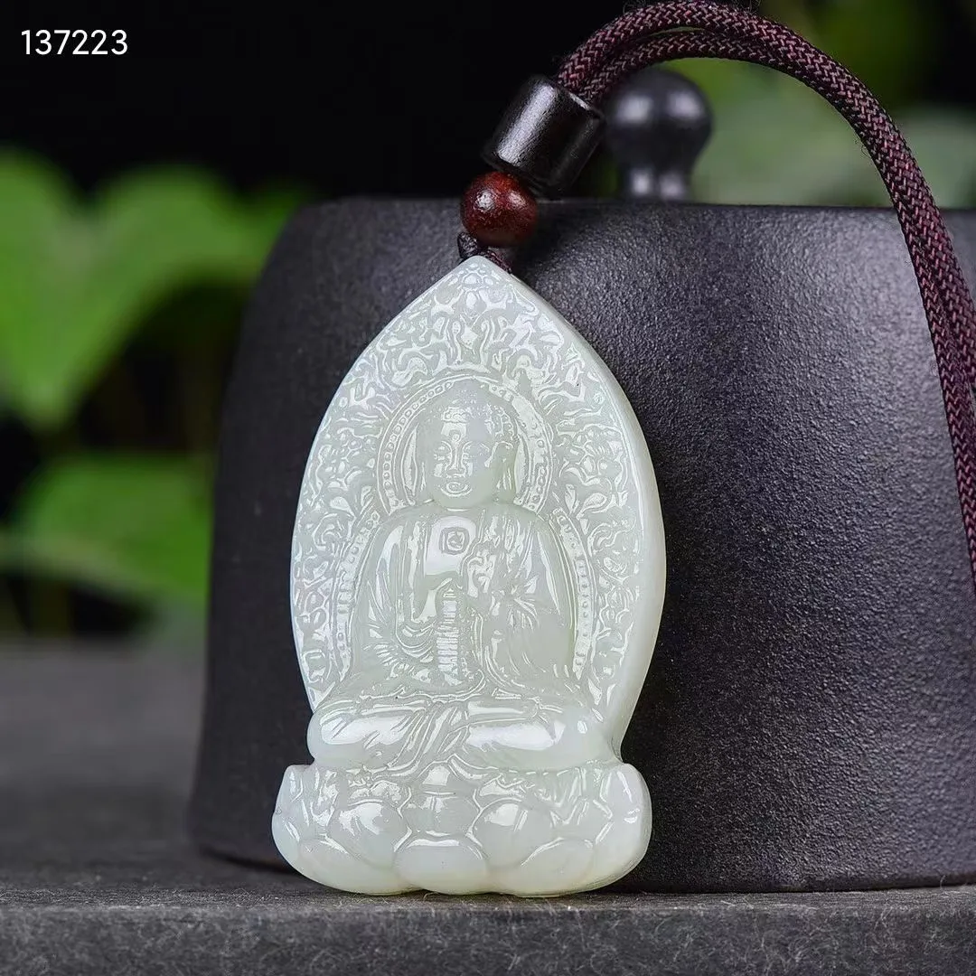 

Natural 100% real white hetian jade carve the Buddha Bless peace Attracting Wealth pendant jewellery for men women gifts luck